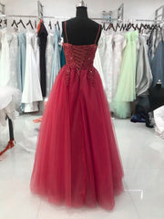 Prom Dresses With Slits, Wine Red Tulle Straps Lace Applique Long Formal Dress, Wine Red Prom Dress