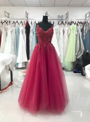 Prom Dress Patterns, Wine Red Tulle Straps Lace Applique Long Formal Dress, Wine Red Prom Dress