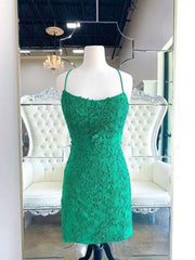 Bridesmaids Dresses For Beach Weddings, Backless Short Green Lace Prom Dresses
