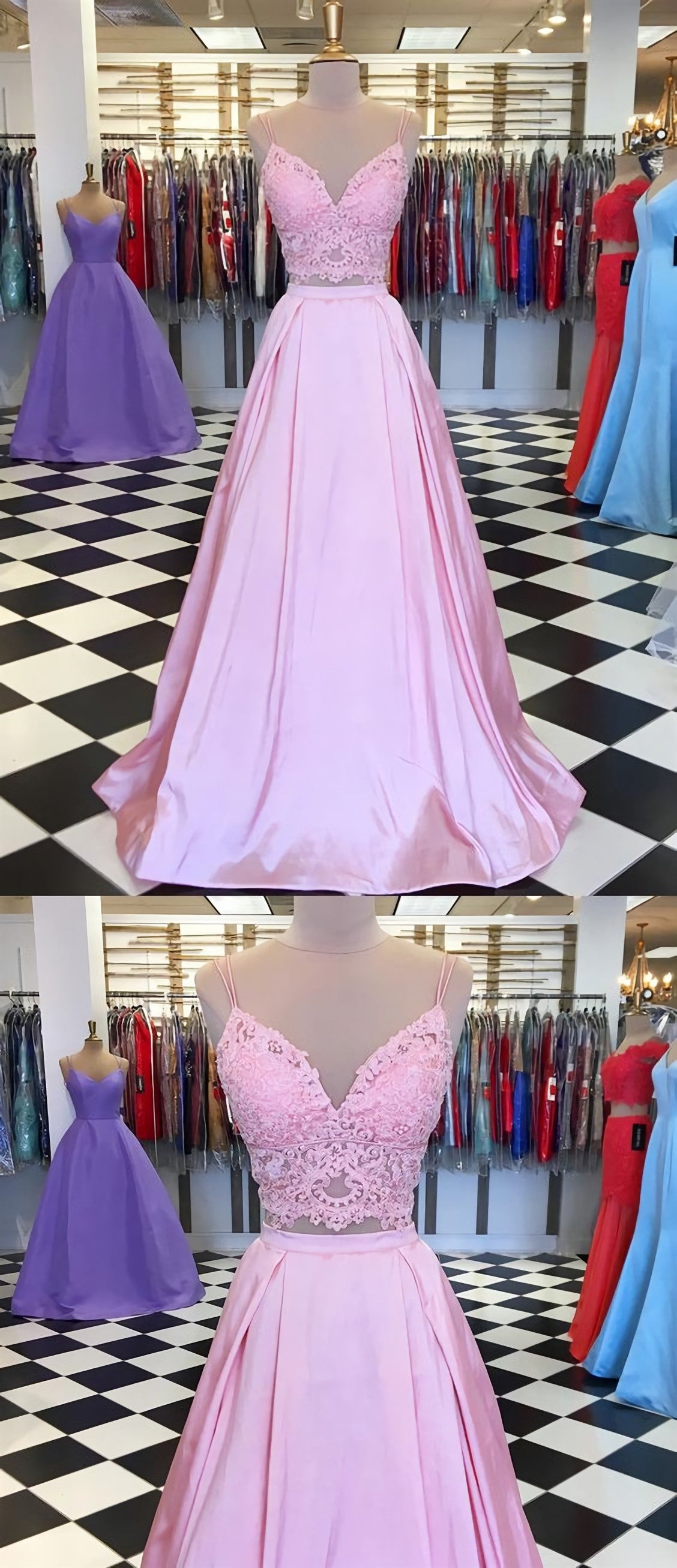 Prom Dresses 2033 Fashion Outfits, A Line V Neck 2 Pieces Pink Lace Prom Dresses, Pink 2 Pieces Lace Formal Graduation Evening Dresses, C0125