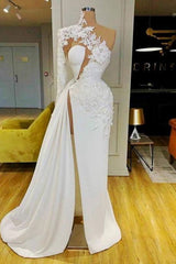 Bridesmaid Dresses Winter, Gorgeous One Shoulder Long Sleeve Prom Dress With Lace Appliques Side Slit