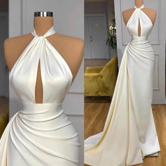 Bridesmaids Dresses Idea, Ivory Halter Long Evening Prom Dress With Split Detachable Train