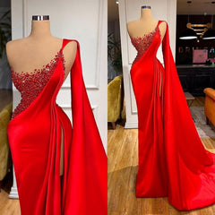 Bridesmaid Dress Idea, Unique Red Stones Sleeveless High split mermaid Evening Dress