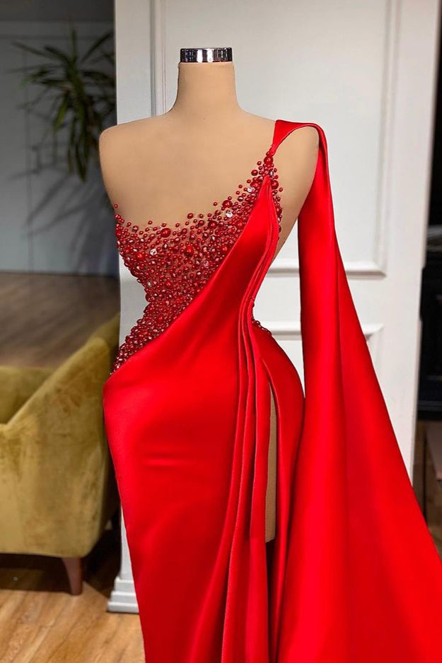 Bridesmaid Dress Inspiration, Unique Red Stones Sleeveless High split mermaid Evening Dress