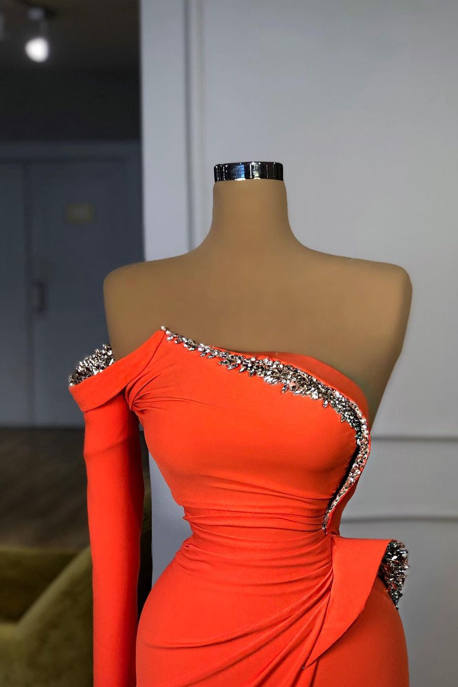 Bridesmaid Dress By Color, Long sleeves Strapless Orange Sequined Long Prom Dress