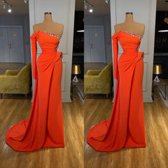 Bridesmaids Dress Trends, Long sleeves Strapless Orange Sequined Long Prom Dress