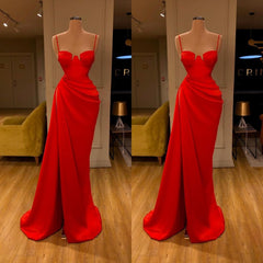 Bridesmaid Dresses Summer, Gorgeous Spaghetti Strap Unique Round Cup High split Red Prom Dress