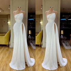 Bridesmaids Dresses Fall Colors, Strapless Creamy White High-split Pleated Long Prom Dress