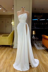 Bridesmaid Dresses Fall Colors, Strapless Creamy White High-split Pleated Long Prom Dress