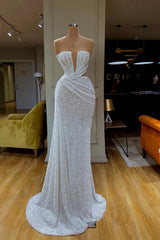 Bridesmaids Dress Long, Plunging V-neck Sparkle White Sequined Strapless Prom Dress