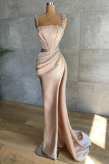 Bridesmaids Dress Ideas, Straps Beadings Long Mermaid Prom Dress Split Evening Gowns