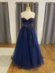 Bridesmaid Dress Elegant, Dark Navy Long A-line Tulle Lace Backless Formal Prom Dresses