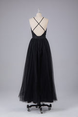 Evening Dress Dresses, Elegant Tulle Spaghetti Straps Backless Floor Length Prom Dress