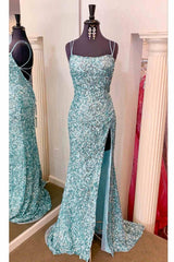 Bridesmaides Dresses Green, Sparkle Tiffany Blue Sequins Long Prom Dress with Slit