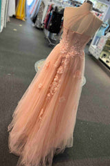 Bridesmaids Dresses Blush, Sweetheart One Shoulder Pink Prom Dress with Flowers