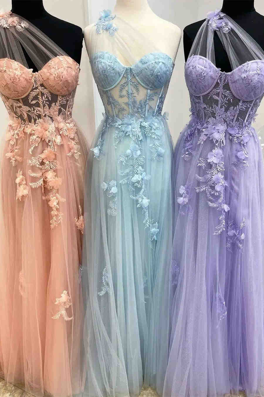 Bridesmaids Dresses Champagne, Sweetheart One Shoulder Pink Prom Dress with Flowers