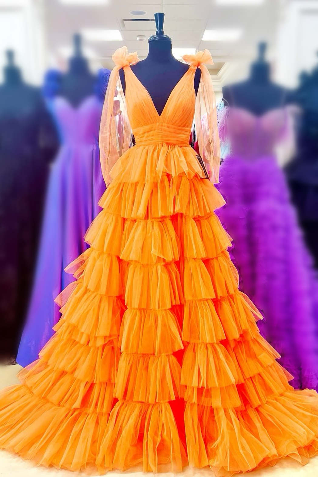 Bridesmaids Dress Black, Bow Straps Orange V-Neck Ruffled Tulle Long Prom Dress with Slit