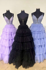 Bridesmaid Dresses Purple, Plunging V-Neck Straps Appliques Layered Prom Dress