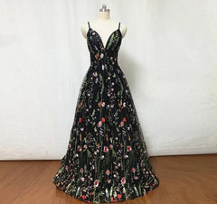 Wedding Dress Back, Black Floral Fairy Prom Dress Long Evening Gowns For Wedding