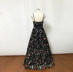 Wedding Dresses Back, Black Floral Fairy Prom Dress Long Evening Gowns For Wedding