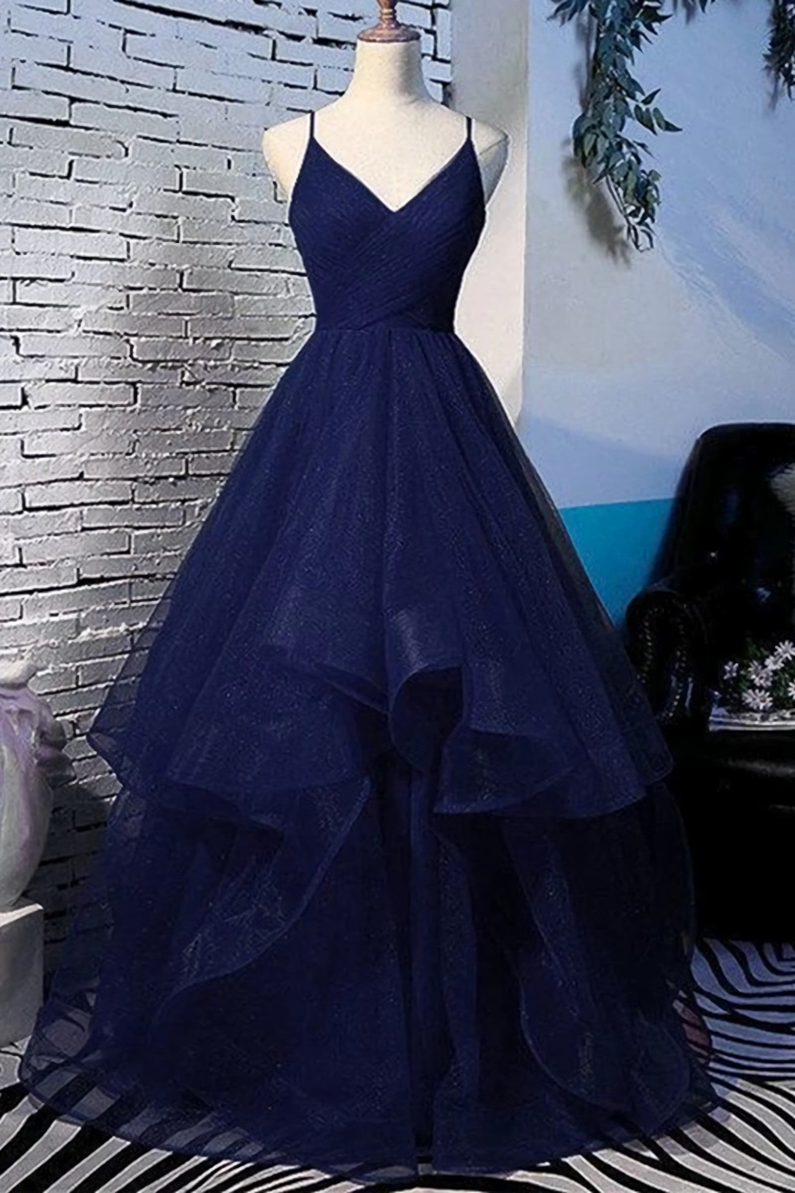 Formal Dresses With Sleeves, Fluffy V Neck Navy Blue Long Prom Dress, With Straps V Neck Navy Blue Formal Dress, Navy Blue Evening Dress