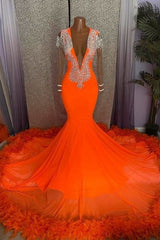 Light Blue Prom Dress, Gorgeous Orange Long Mermaid Tassel V-neck Prom Dress with Sleeves