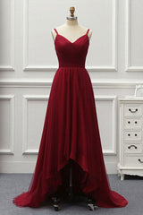 Bridesmaid Dresses Long, A Line High Low Tulle Prom Dress with Train, Burgundy V Neck Backless Formal Dress