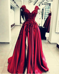Formal Dresses Gowns, Lace Flowers Beaded Cap Sleeves V Neck Prom Dresses, Split Evening Gowns