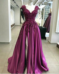 Formal Dresses Elegant, Lace Flowers Beaded Cap Sleeves V Neck Prom Dresses, Split Evening Gowns
