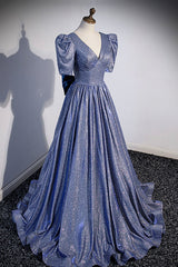 Bridesmaid Dresses Red, Blue Long A-Line Prom Dress, Simple V-Neck Short Sleeve Evening Dress