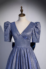Bridesmaid Dress Shop, Blue Long A-Line Prom Dress, Simple V-Neck Short Sleeve Evening Dress