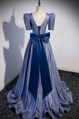Bridesmaids Dress Shopping, Blue Long A-Line Prom Dress, Simple V-Neck Short Sleeve Evening Dress