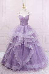 Bridesmaid Dresses Summer Wedding, Purple Tulle Long Prom Dress, A-Line Spaghetti Strap Evening Gown