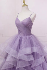 Bridesmaids Dresses Summer Wedding, Purple Tulle Long Prom Dress, A-Line Spaghetti Strap Evening Gown