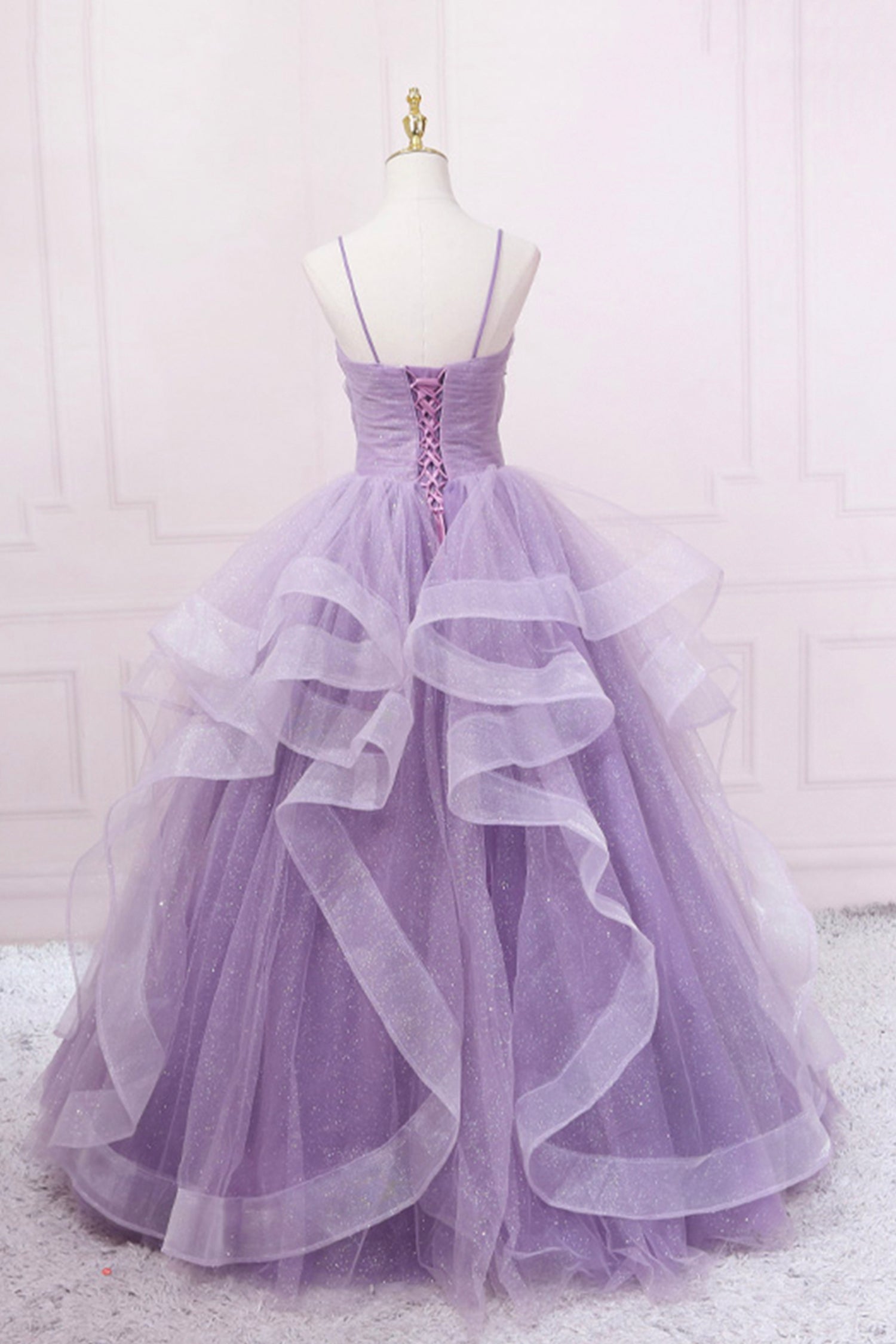 Bridesmaid Dresses Blush, Purple Tulle Long Prom Dress, A-Line Spaghetti Strap Evening Gown