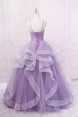 Bridesmaid Dresses Blush, Purple Tulle Long Prom Dress, A-Line Spaghetti Strap Evening Gown