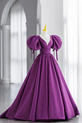 Bridesmaids Dresses Fall Colors, Purple Puff Sleeves Satin Long Prom Dress, V-Neck Evening Dress