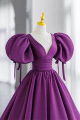 Bridesmaid Dresses Fall Color, Purple Puff Sleeves Satin Long Prom Dress, V-Neck Evening Dress