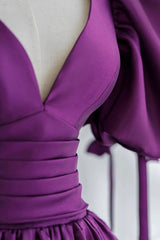 Bridesmaid Dress Fall Colors, Purple Puff Sleeves Satin Long Prom Dress, V-Neck Evening Dress