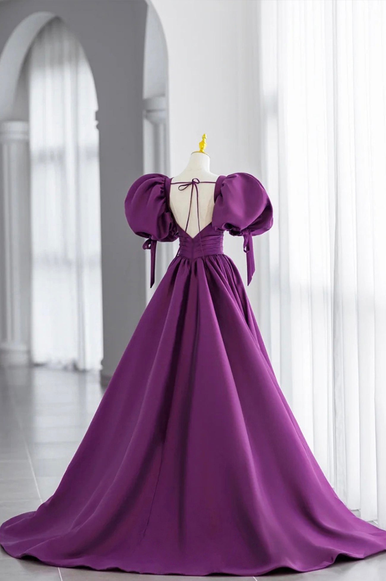 Bridesmaid Dresses Orange, Purple Puff Sleeves Satin Long Prom Dress, V-Neck Evening Dress