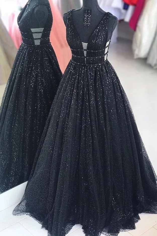 Party Dresses Websites, Black Sparkly V-neck For Mal Prom Dresses Pretty Princess Dresses For Teens