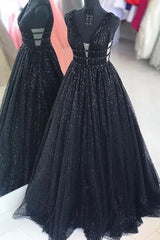 Party Dresses Websites, Black Sparkly V-neck For Mal Prom Dresses Pretty Princess Dresses For Teens