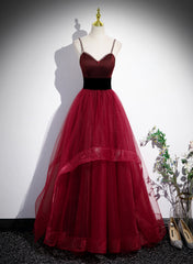 Prom Dress Bodycon, Wine Red Straps Beaded Sweetheart Tulle Formal Dress, Wine Red A-Line Prom Dress