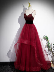 Prom Dress With Pocket, Wine Red Straps Beaded Sweetheart Tulle Formal Dress, Wine Red A-Line Prom Dress