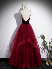 Prom Dresses Long Blue, Wine Red Straps Beaded Sweetheart Tulle Formal Dress, Wine Red A-Line Prom Dress