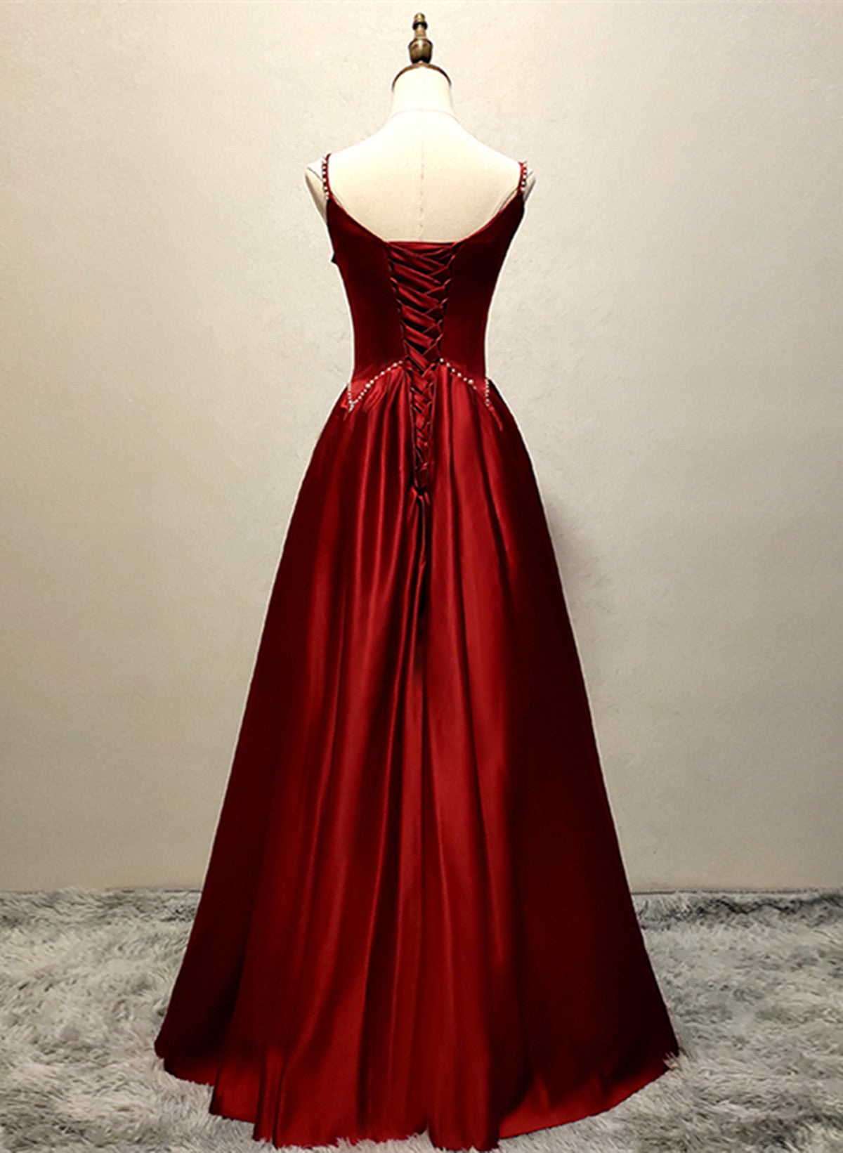 Prom Dress Blue Lace, Wine Red Satin Straps Round Neckline Party Dress, Wine Red Long Prom Dress