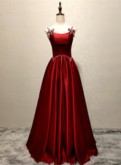 Prom Dresses Blushes, Wine Red Satin Straps Round Neckline Party Dress, Wine Red Long Prom Dress