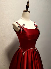 Prom Dresses Blue Lace, Wine Red Satin Straps Round Neckline Party Dress, Wine Red Long Prom Dress