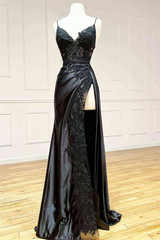 Dark Red Dress, Black Long Appliques Prom Dress with Spaghetti Straps