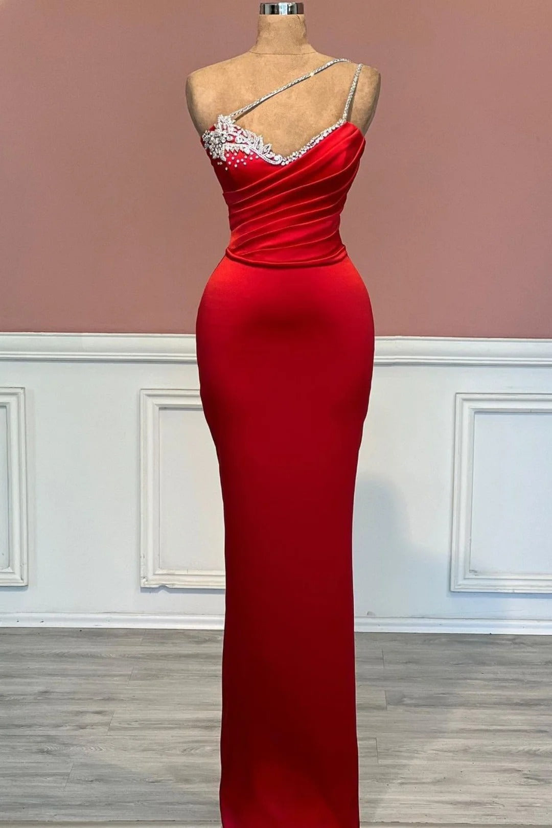 Black Dress, Red Long Mermaid One Shoulder Satin Prom Dress With Beadings Sleeveless